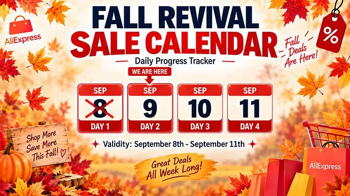 ALIEXPRESS FALL SURVIVAL SAVINGS CALENDAR SALE DAILY CHECKER SEPTEMBER 2026 SEP9