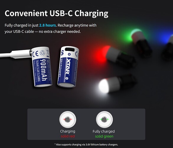 XTAR 16340 900mAh 2.7A USB-C Lithium Battery