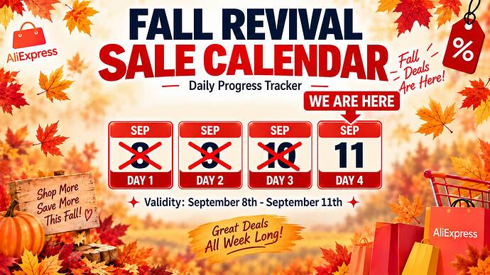 ALIEXPRESS FALL SURVIVAL SAVINGS CALENDAR SALE DAILY CHECKER SEPTEMBER 2026 SEP11