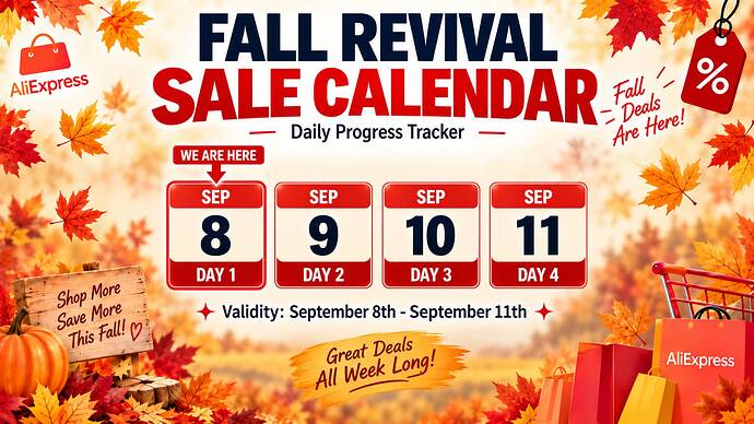 ALIEXPRESS FALL SURVIVAL SAVINGS CALENDAR SALE DAILY CHECKER SEPTEMBER 2026