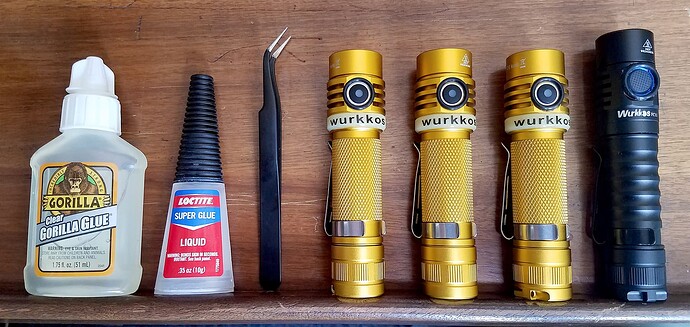 Each flashlight switch has an O-ring glued around it. Both glues work, but the Super Glue has a stronger hold.