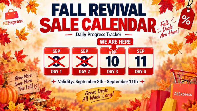 ALIEXPRESS FALL SURVIVAL SAVINGS CALENDAR SALE DAILY CHECKER SEPTEMBER 2026 SEP10