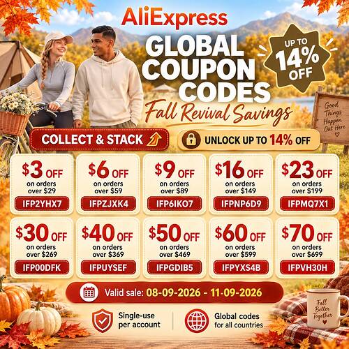 aliexpress coupon codes global FALL savings sale september 2026